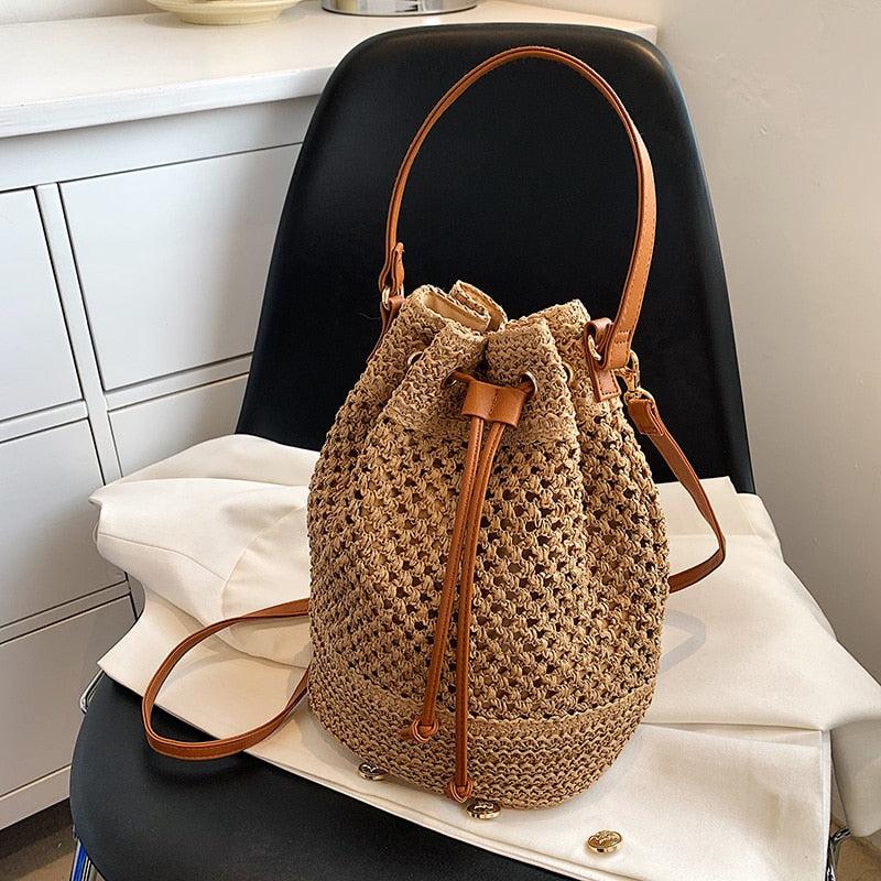 Sac en Paille Femme | Sac besace en paille Brun | Tendance Rond Sac en Paille Brun