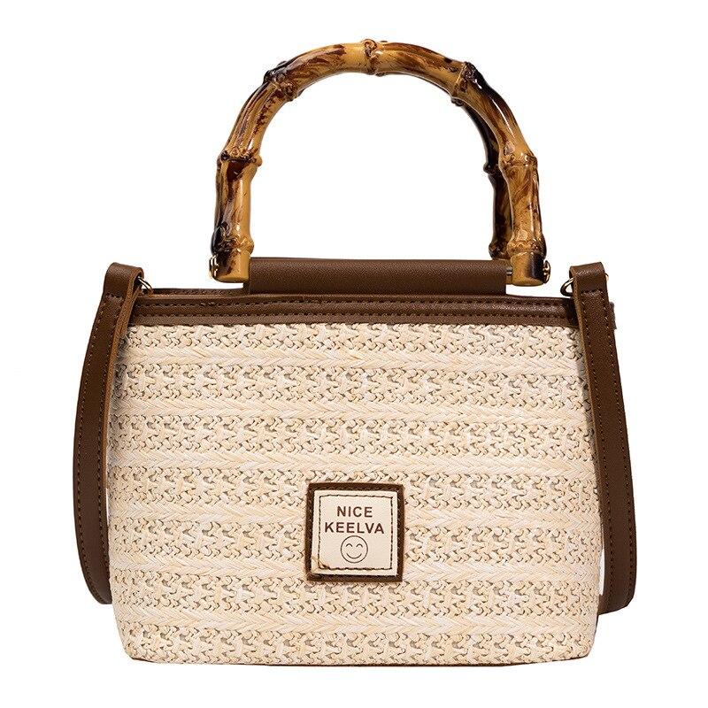 Sac en Paille Femme | Sac en paille anse bambou Beige | Tendance Rond Sac en Paille Beige