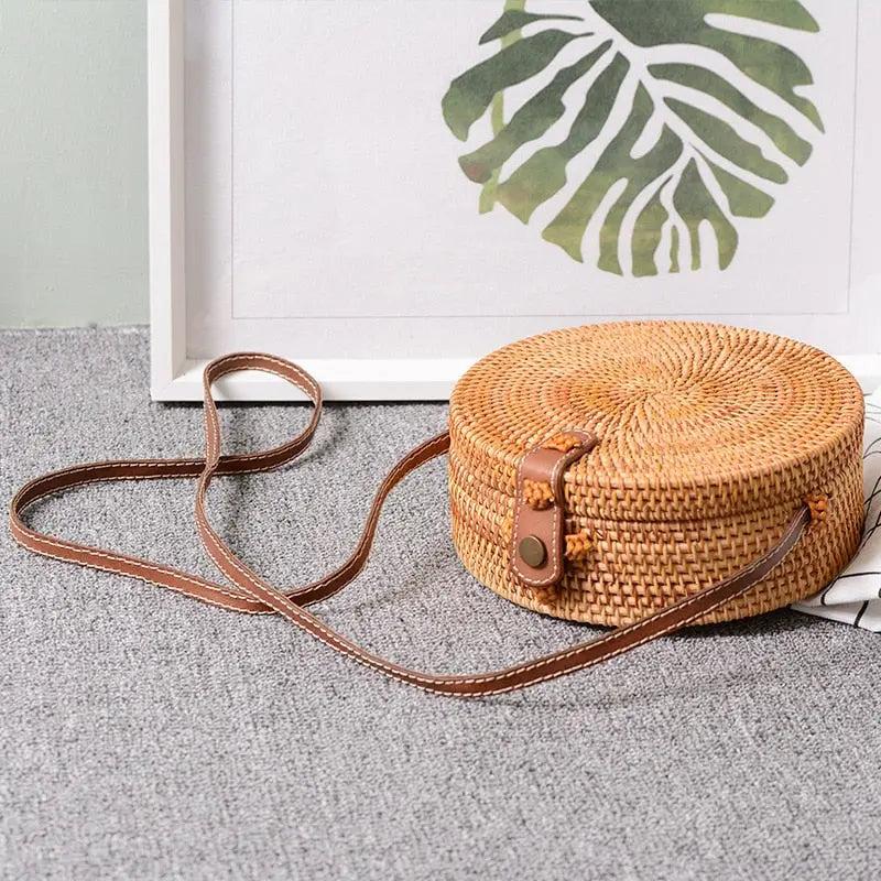 Sac Rond Femme | Sac Rond en Paille d’Épaule Brun | Tendance Rond Sac en Osier Brun