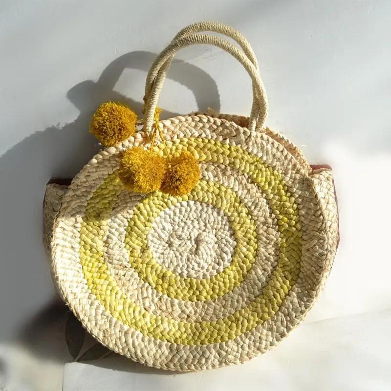 Sac de Plage Femme | Sac Rond Paille Jaune Jaune | Tendance Rond Sac De Plage Femme