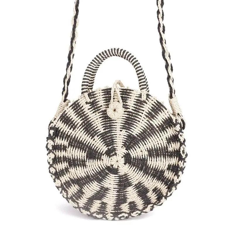 Sac Rond en Paille Femme | Sac Rond en Paille Blanc Noir Noir / Blanc | Tendance Rond Sac en Osier Femme