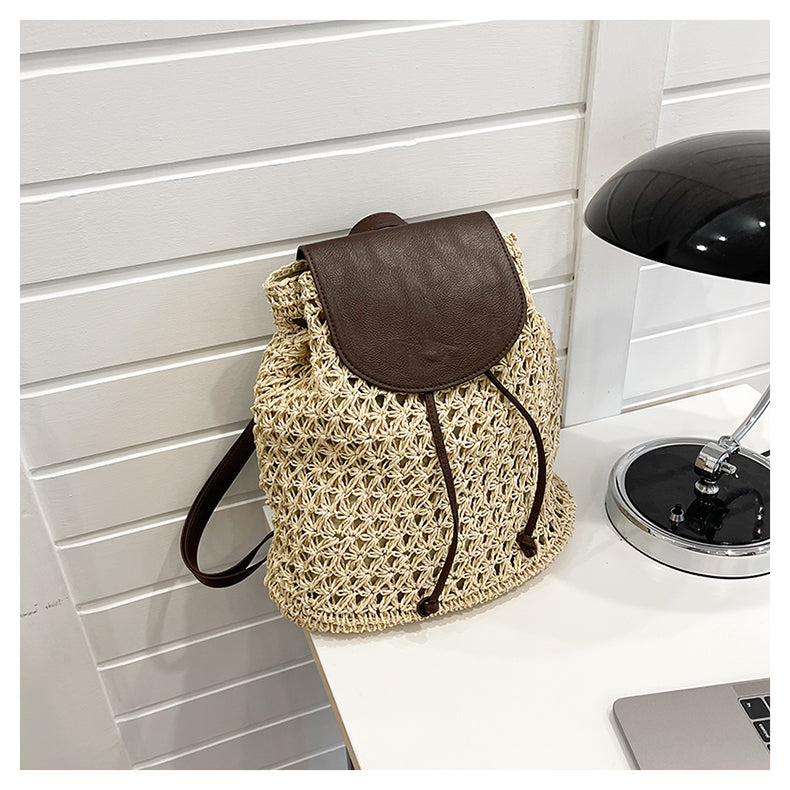 Sac de Plage Femme | Sac a Dos en Paille Beige | Tendance Rond Sac À Main Tendance Beige