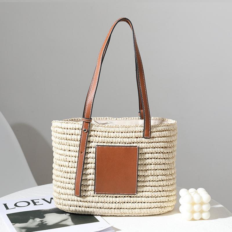 Sac de Plage Femme | Sac à Main Paille et Cuir Blanc | Tendance Rond Sac De Plage Blanc