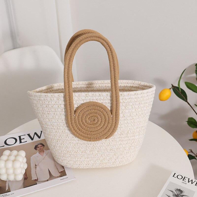 Sac de Plage Femme | Sac de plage cabas Blanc brun | Tendance Rond Sac De Plage Blanc brun