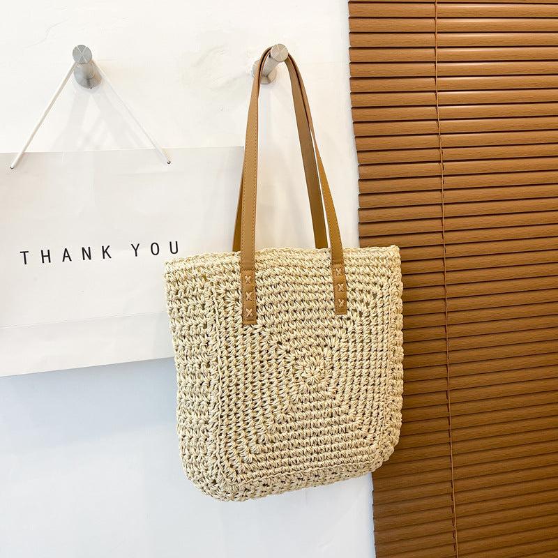 Sac de Plage Femme | Sac fourre tout en paille Beige | Tendance Rond Sac À Main Tendance Beige