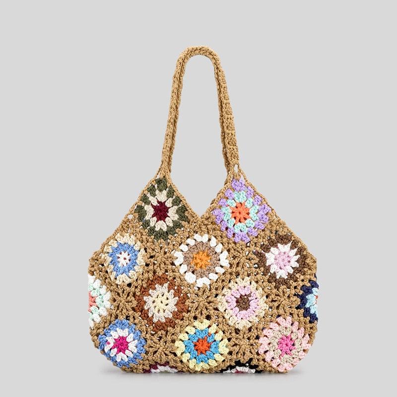 Sac en crochet Femme | Sac à main en crochet motif bohème Brun | Tendance Rond Sac en Crochet Brun