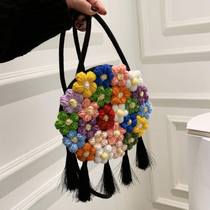 Sac en crochet Femme | Sac à main en crochet motif fleurs Noir | Tendance Rond Sac en Crochet Femme