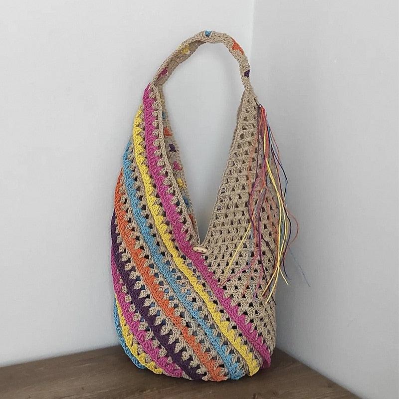 Sac en crochet Femme | Sac en crochet tressé multi-color | Tendance Rond Sac en Crochet Femme