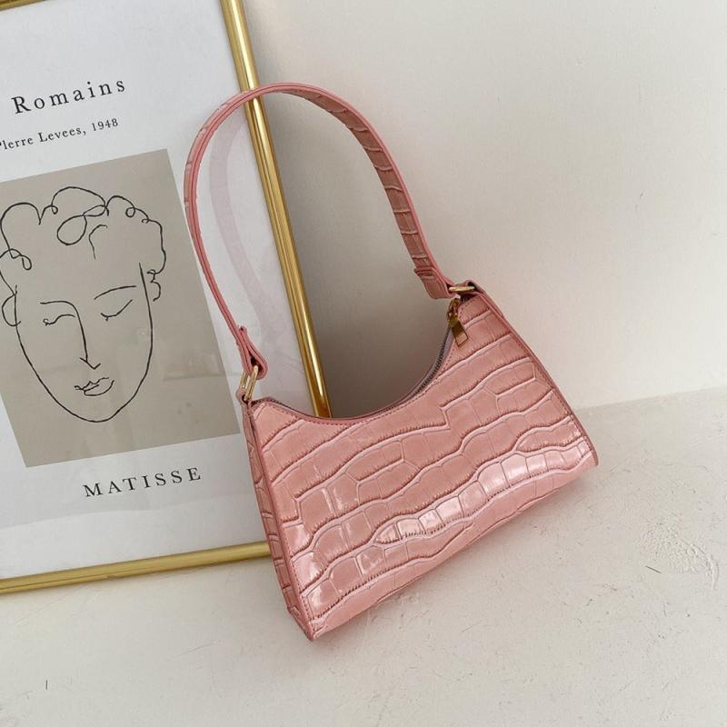 Sac en Cuir Femme | Sac à main effet peau de crocodile Rose | Tendance Rond Sac À Main Tendance Femme