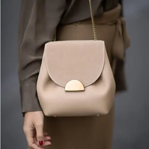 Sac en Cuir Femme | Sac en Cuir à bandoulière en chaîne doré Beige | Tendance Rond Sac en Cuir Beige