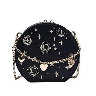 Sac en Cuir Femme | Sac Rond Cuir à Motif Doré Noir | Tendance Rond Sac en Cuir Femme