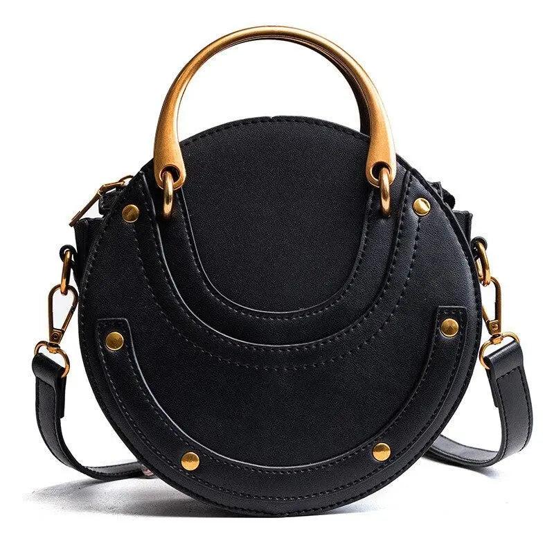 Sac en Cuir Femme | Sac Rond en Cuir Doré Noir | Tendance Rond Sac en Cuir Femme