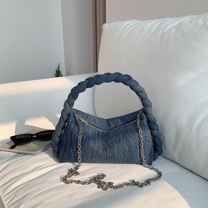 Sac en jean Femme | Petit sac à main en jean tendance Bleu foncé | Tendance Rond Sac en Jean Bleu foncé