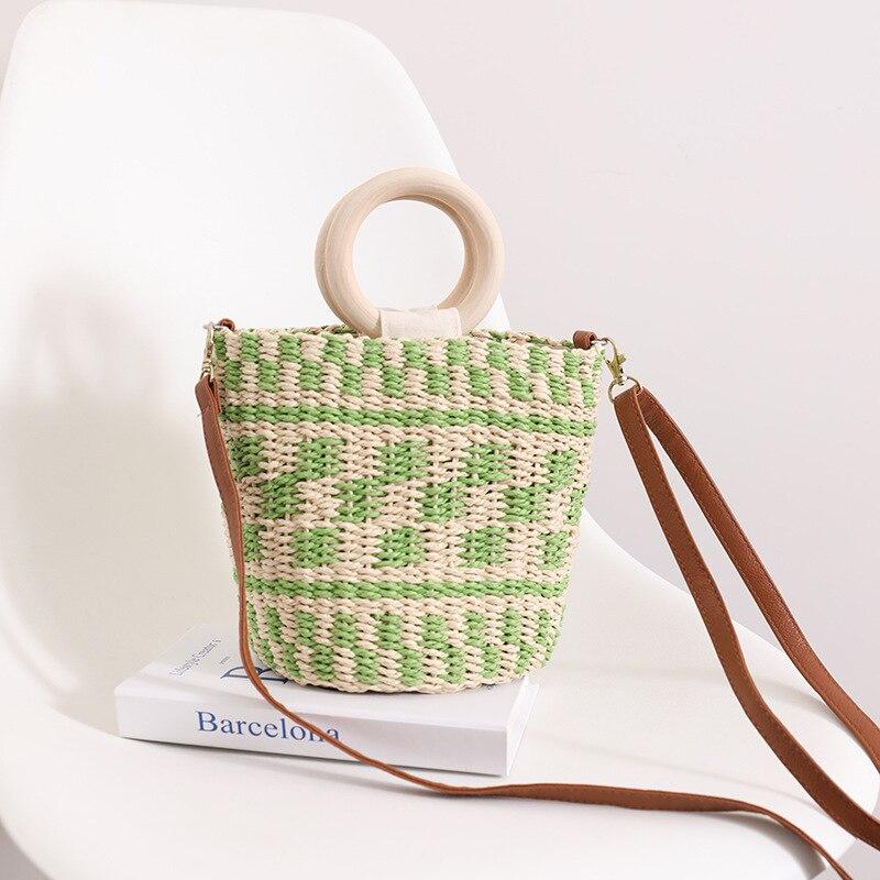 Sac en Osier Femme | Sac de plage coloré Verte | Tendance Rond Sac De Plage Femme