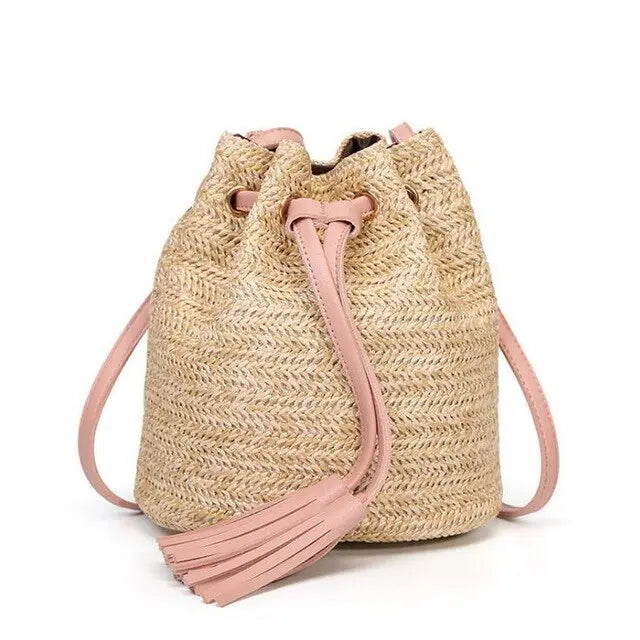 Sac en Osier Femme | Sac de Plage en Osier Rose clair | Tendance Rond Sac en Osier Femme