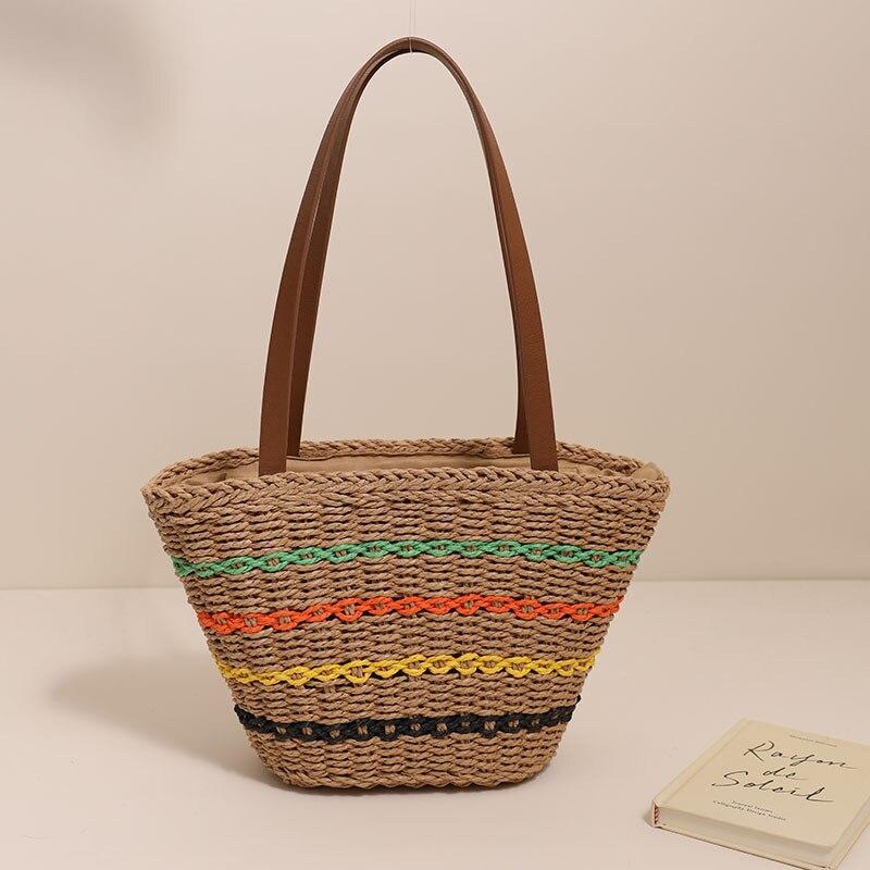 Sac en Osier Femme | Sac de plage osier Brun | Tendance Rond Sac De Plage Brun