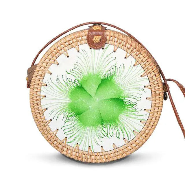 Sac en Osier Femme | Sac Rond en Paille Trèfle Vert | Tendance Rond Sac en Osier Femme