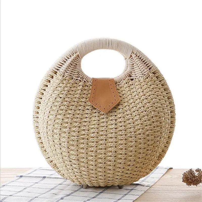 Sac en Osier Femme | Sac Rond Paille Bohème Beige | Tendance Rond Sac en Osier Beige