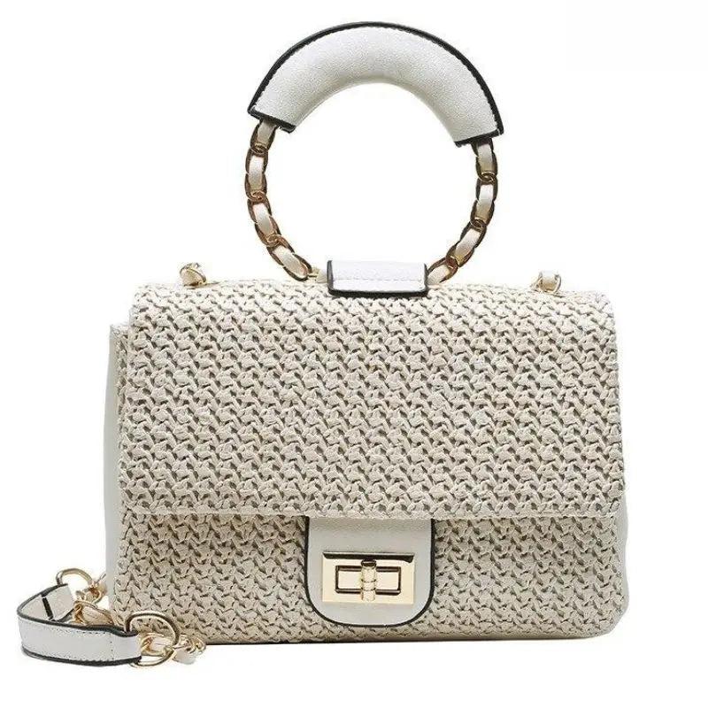 Sac en Paille Femme | Petit Sac à Main Carré en Paille Beige | Tendance Rond Sac en Paille Beige