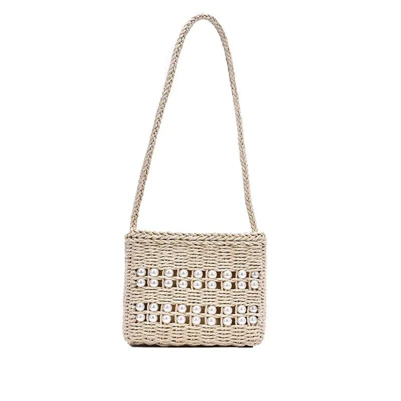 Sac en Paille Femme | Petit Sac à Main en Paille et Perles Beige | Tendance Rond Sac en Paille Beige