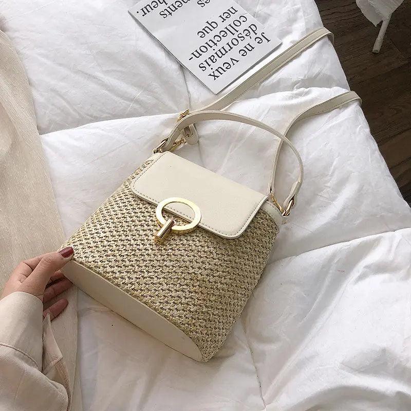 Sac en Paille Femme | Sac à Bandoulière Paille Blanc | Tendance Rond Sac en Cuir Blanc