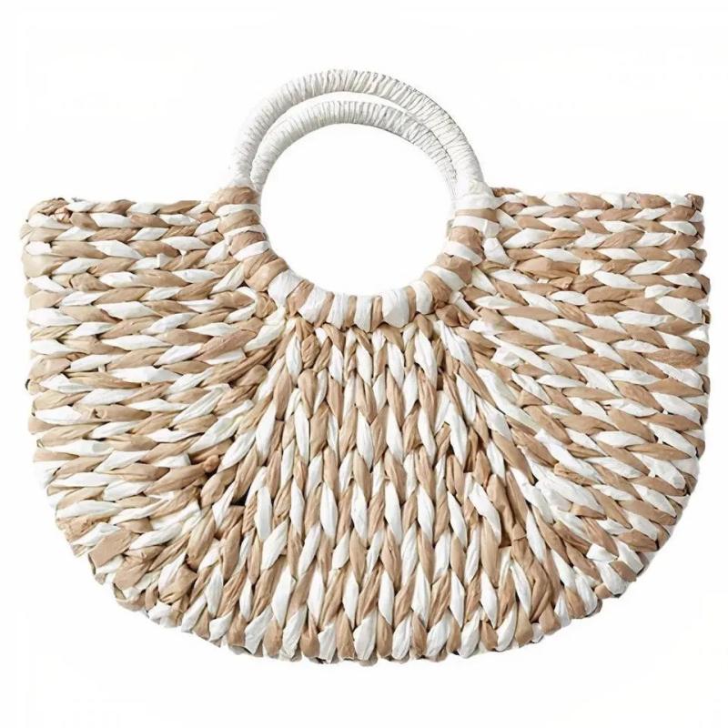 Sac en Paille Femme | Sac Cabas en Paille Demi Lune Blanc | Tendance Rond Sac De Plage Blanc