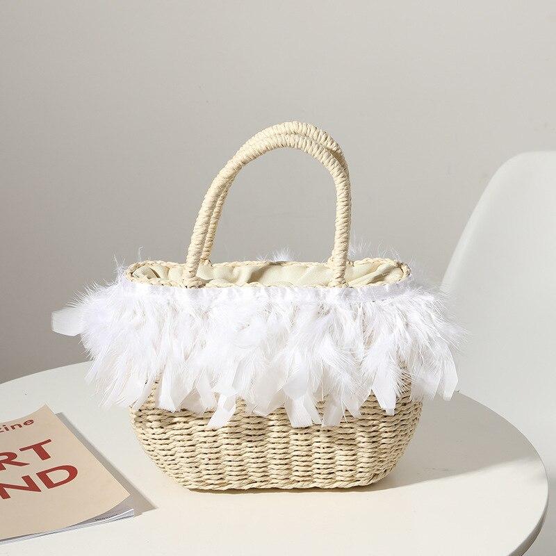 Sac en Paille Femme | Sac de plage avec plumes Beige blanc | Tendance Rond Sac De Plage Beige blanc