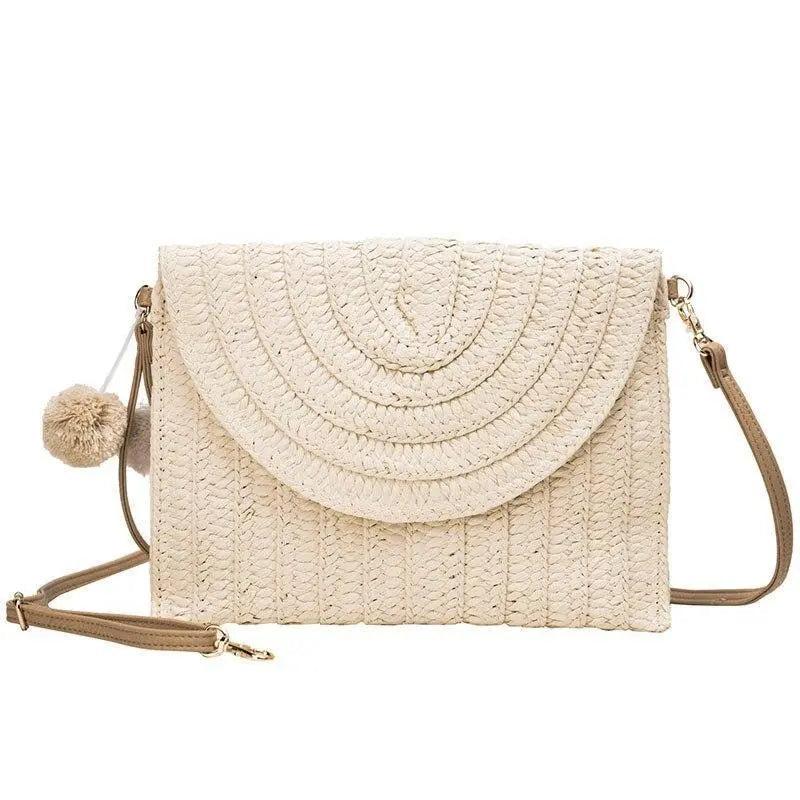 Sac en Paille Femme | Sac de Plage Elégant en Paille Beige | Tendance Rond Sac en Paille Beige