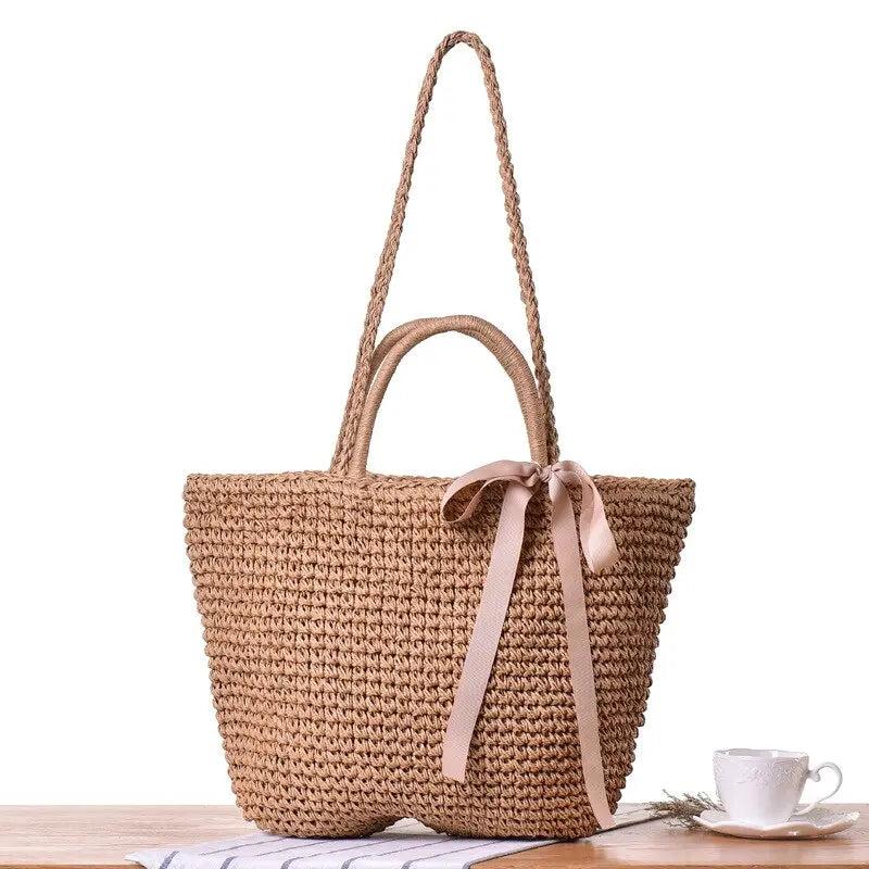 Sac en Paille Femme | Sac de Plage en Rotin Brun | Tendance Rond Sac De Plage Brun