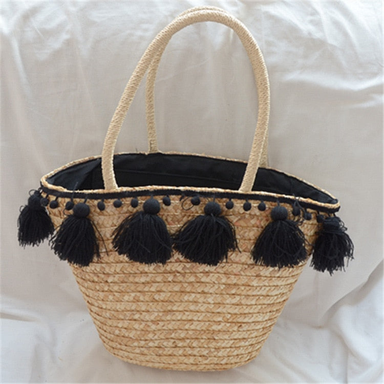 Sac en Paille Femme | Sac de plage pompom Noir | Tendance Rond Sac De Plage Femme