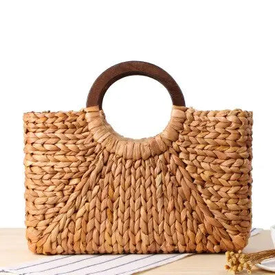 Sac en Paille Femme | Sac en Paille Anse Bois Brun | Tendance Rond Sac en Paille Brun