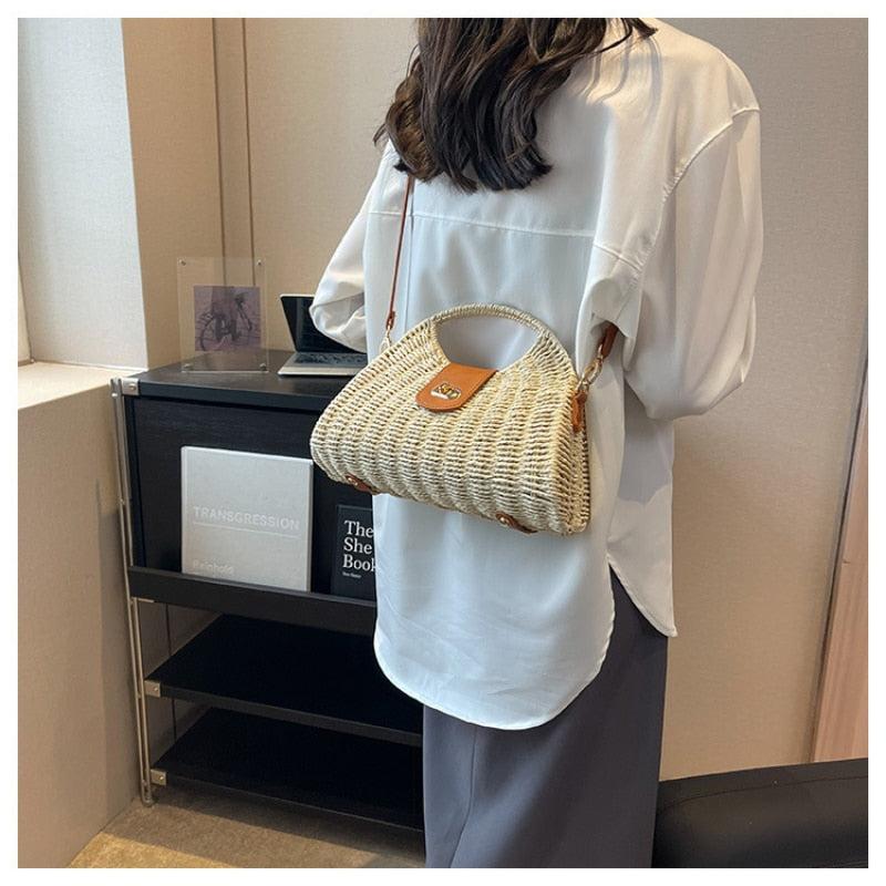 Sac en Paille Femme | Sac en paille chic Beige | Tendance Rond Sac en Paille Beige