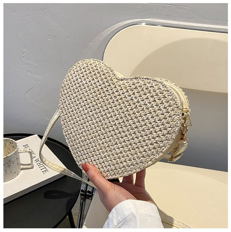 Sac en Paille Femme | Sac en paille coeur Blanc | Tendance Rond Sac en Paille Blanc