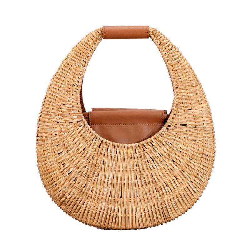 Sac en Paille Femme | Sac en paille cuir marron | Tendance Rond Femme