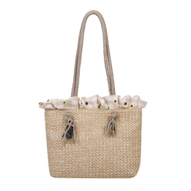 Sac en Paille Femme | Sac en Paille de Plage Brun | Tendance Rond Sac en Paille Brun