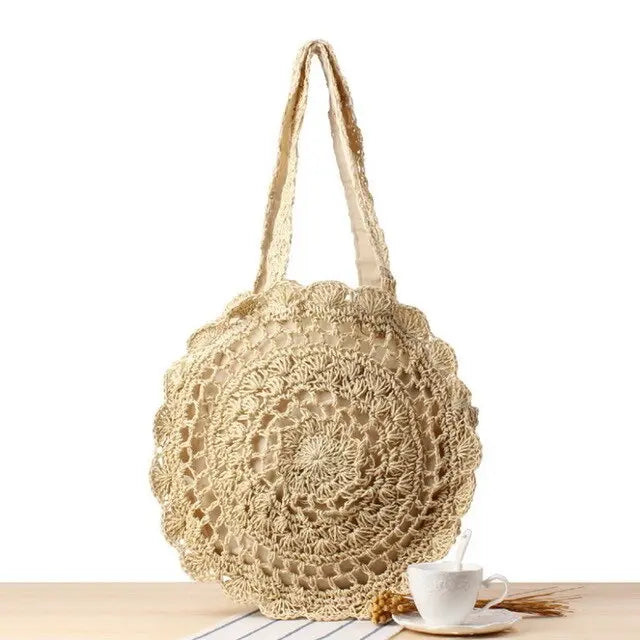 Sac en Paille Femme | Sac en Paille de Plage Femme Beige | Tendance Rond Sac en Paille Beige