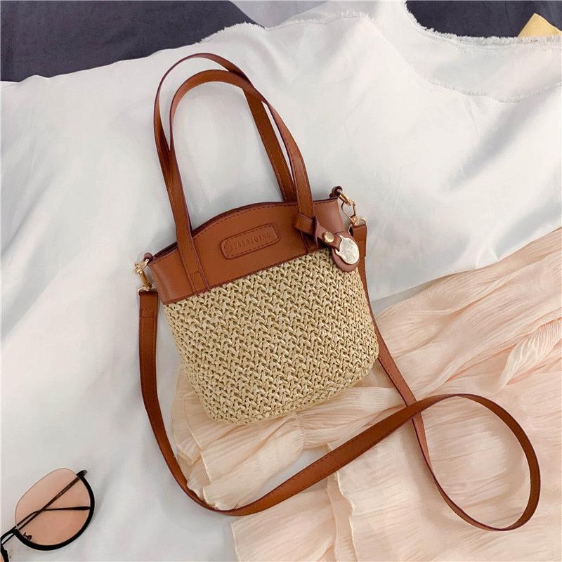 Sac en Paille Femme | Sac en paille et cuir Petit | Tendance Rond Sac en Paille Femme