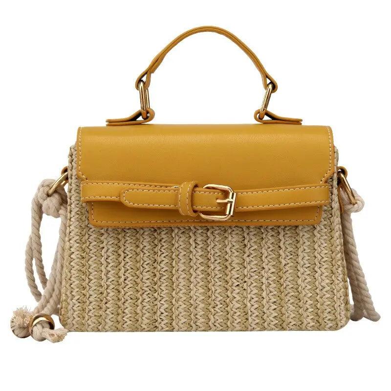 Sac en Paille Femme | Sac en Paille Fermeture Cuir Jaune | Tendance Rond Sac en Paille Femme