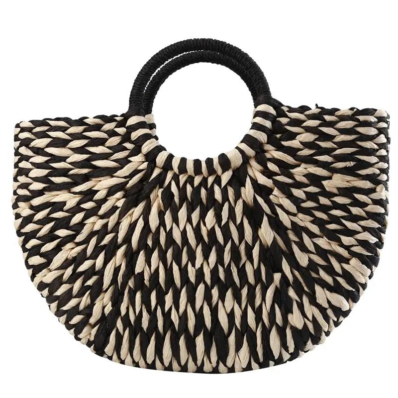 Sac en Paille Femme | Sac Panier en Paille Noir & blanc | Tendance Rond Sac De Plage Femme