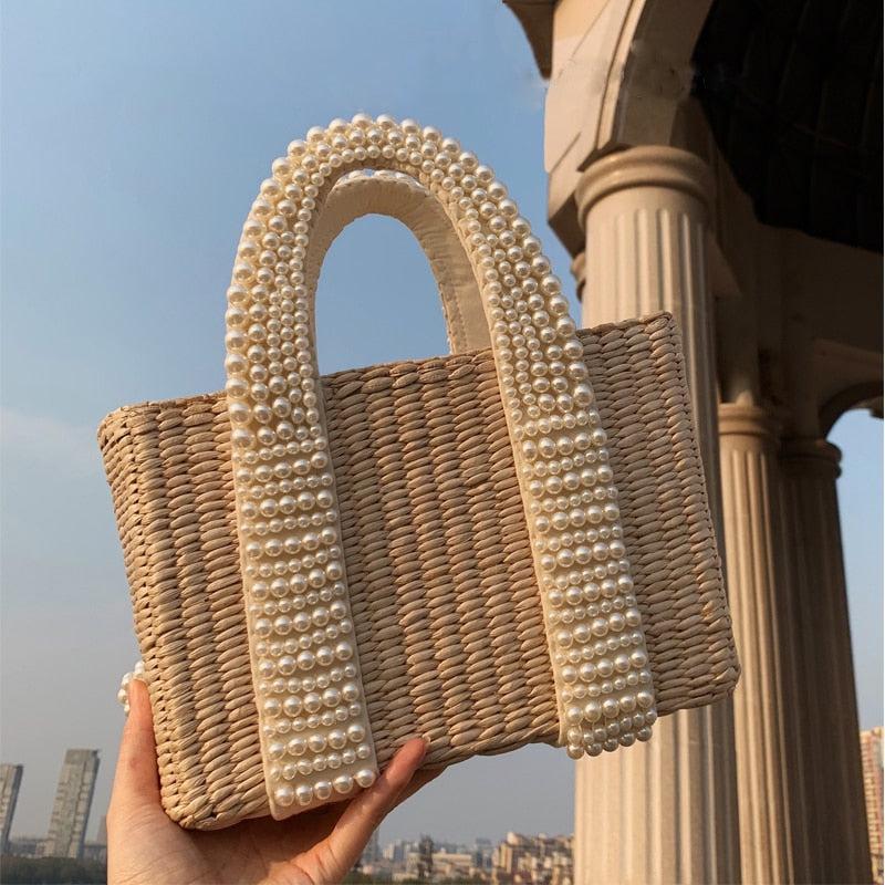 Sac Perle Femme | Sac d’été en paille et perles | Tendance Rond Sac Perle Femme