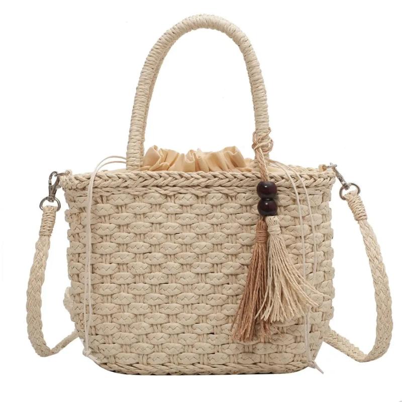 Sac Raphia Femme | Sac à Main Raphia Beige | Tendance Rond Sac De Plage Beige