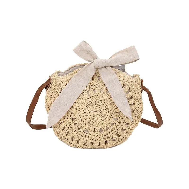 Sac Raphia Femme | Sac Raphia à nœud Beige | Tendance Rond Sac Raphia Beige