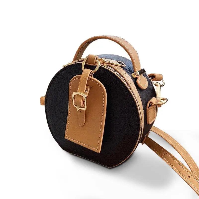 Sac Rond en Cuir Femme | Sac Rond Cuir Camel Noir / Brun | Tendance Rond Sac en Cuir Femme