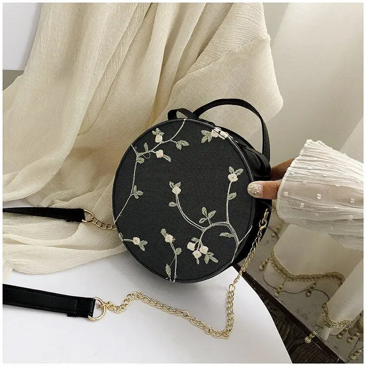 Sac Rond en Cuir Femme | Sac Rond en Cuir Emblème Fleur Noir | Tendance Rond Sac en Cuir Femme