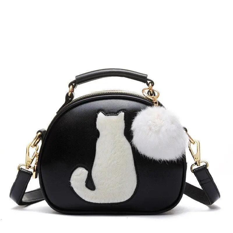 Sac Rond en Cuir Femme | Sac Rond en Cuir motif Chat Noir | Tendance Rond Sac en Cuir Femme