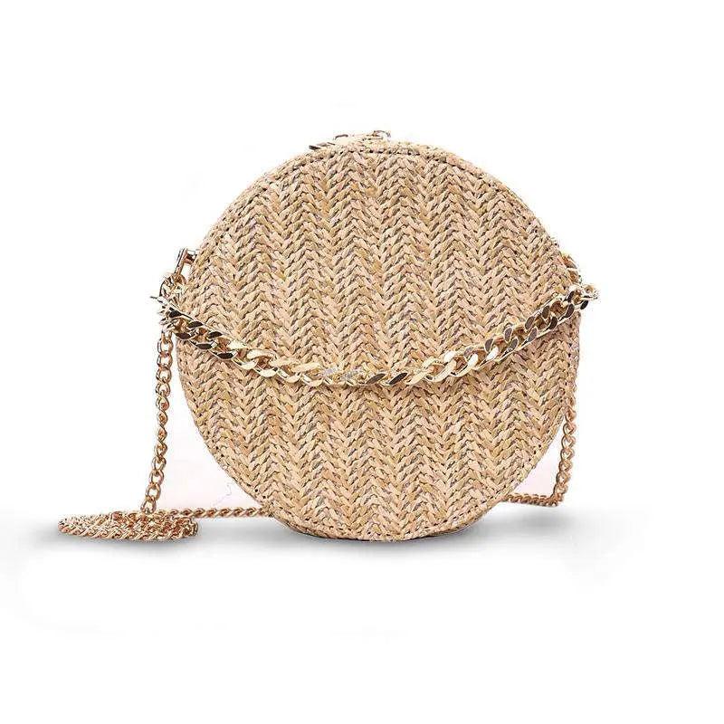 Sac Rond en Paille Femme | Sac Rond en Paille Chaine Dorée Brun | Tendance Rond Sac en Osier Brun