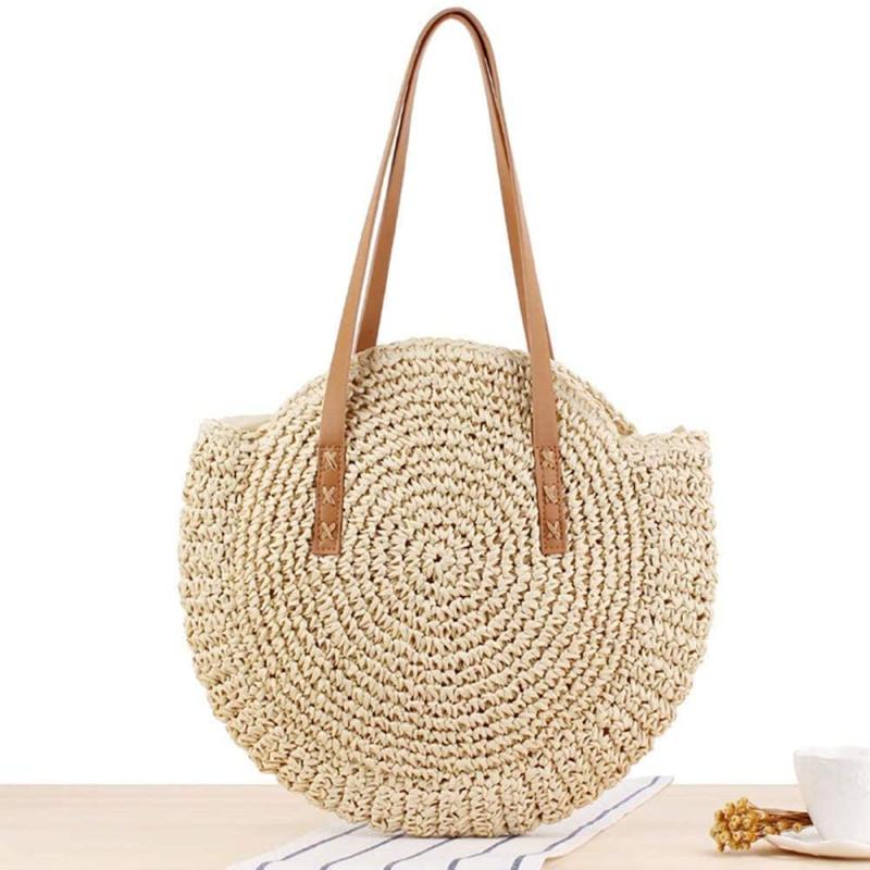 Sac Rond en Paille Femme | Sac Rond en Paille Plage Beige | Tendance Rond Sac De Plage Beige