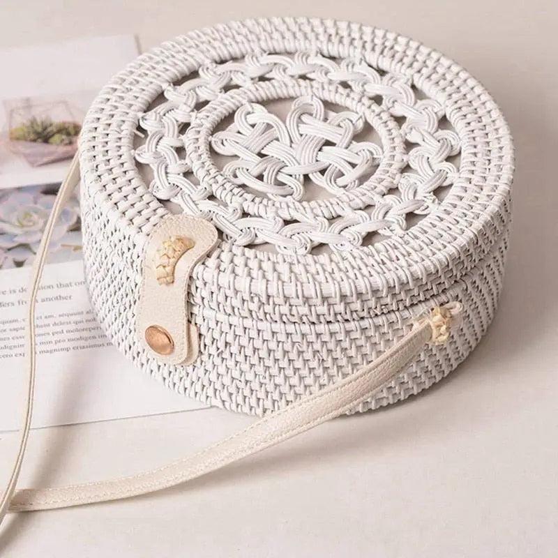 Sac Rond Femme | Sac Rond Blanc en Paille Tressée Blanc | Tendance Rond Sac Rond Blanc