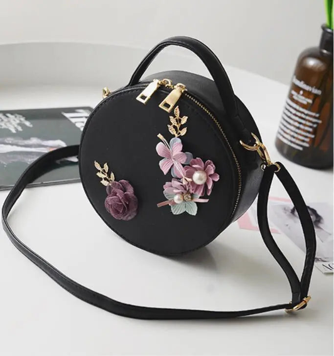 Sac Rond Femme | Sac Rond Cuir Motif à Fleur Noir | Tendance Rond Sac en Cuir Femme