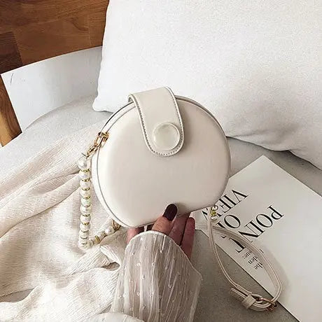 Sac Rond Femme | Sac Rond en Cuir à Perles Blanc | Tendance Rond Sac en Cuir Blanc